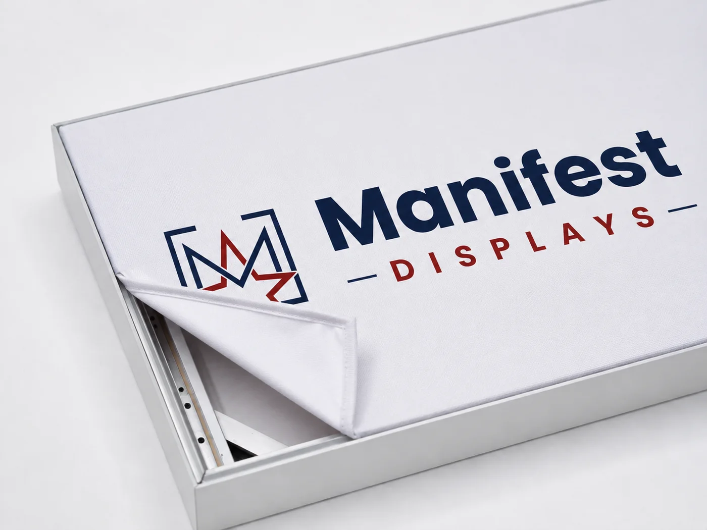 Non-illuminated SEG fabric frame with a branded graphic, shown pulled back from the silver aluminium frame