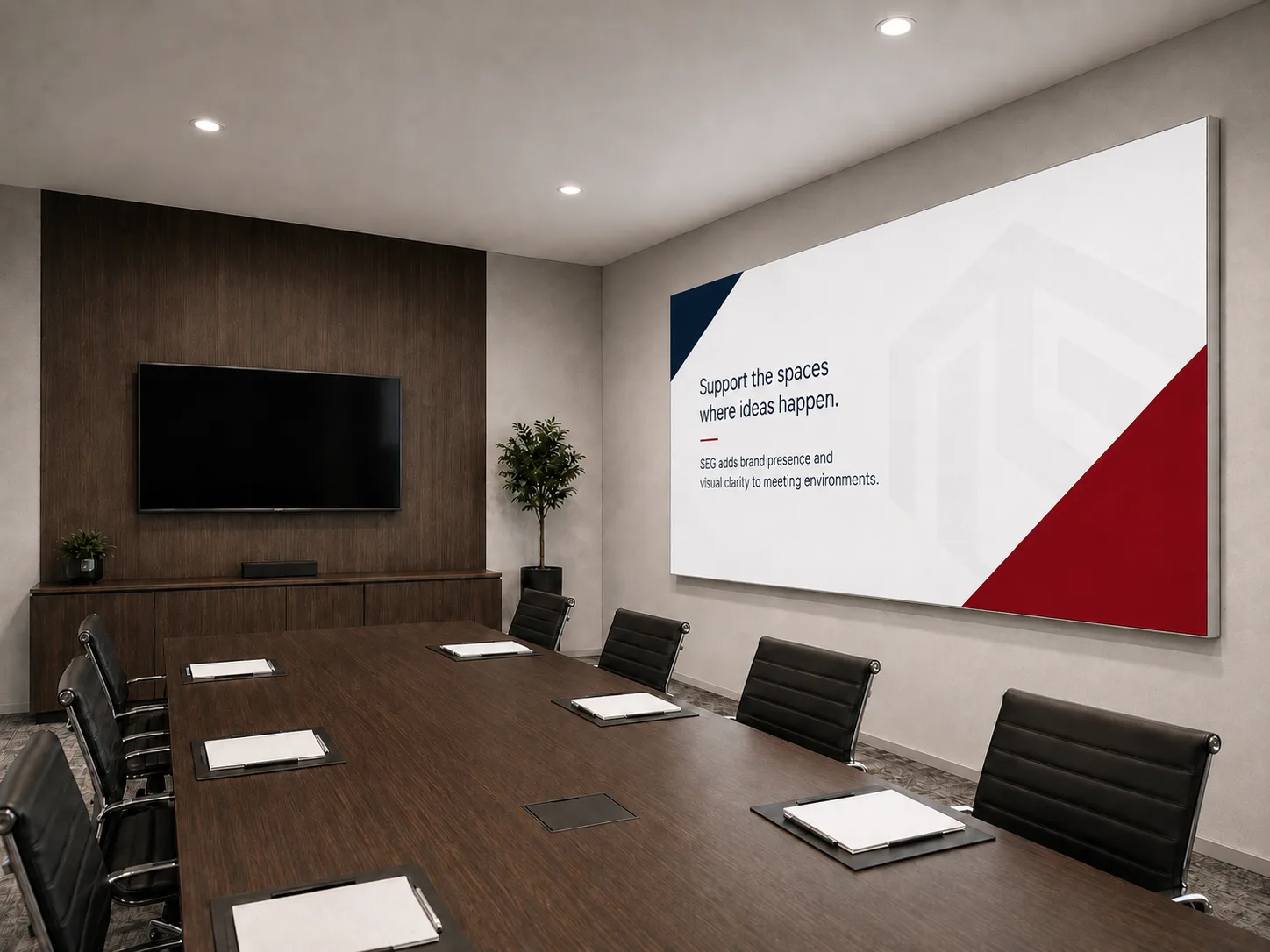 Boardroom with a single-sided wall-mounted SEG fabric frame