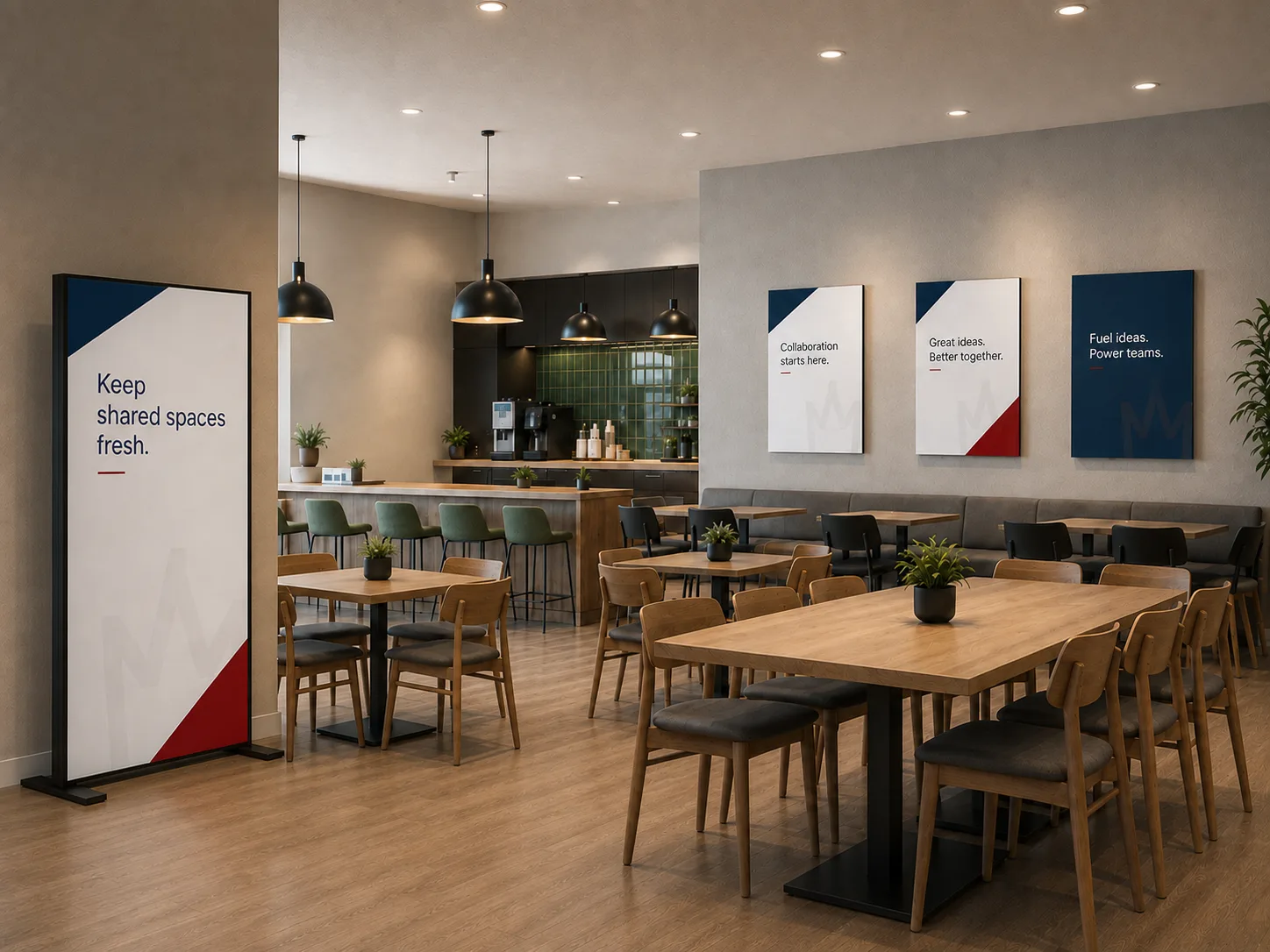 Corporate cafeteria and breakout area with SEG displays