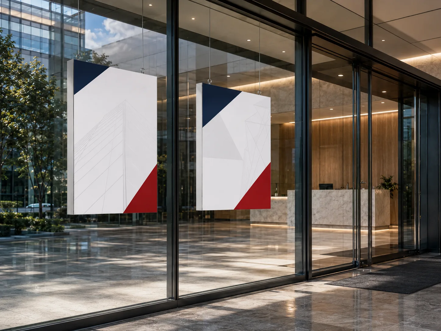 Glazed entrance with a double-sided suspended SEG frame