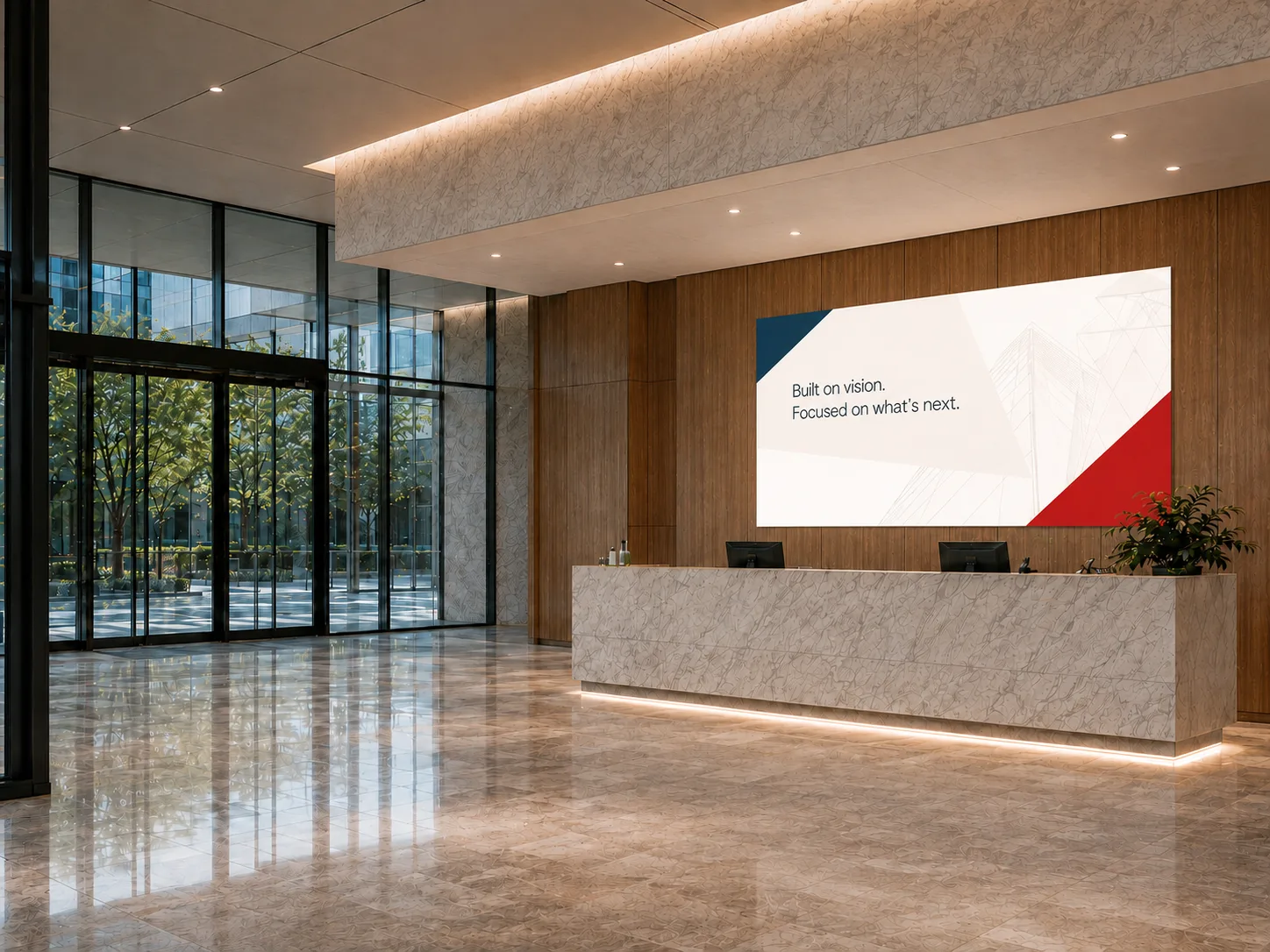 Corporate lobby and reception area with an illuminated SEG lightbox