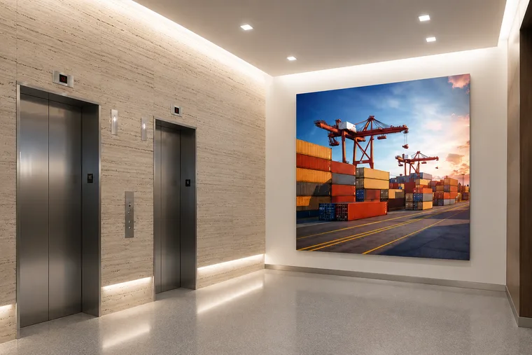 Wall-mounted SEG fabric frame in a corporate lobby