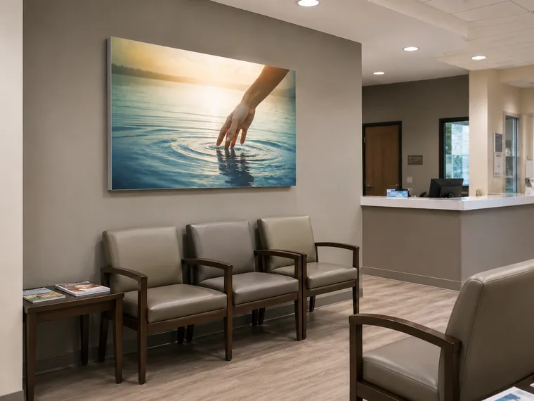 Wall-mounted SEG fabric frame in a healthcare waiting room