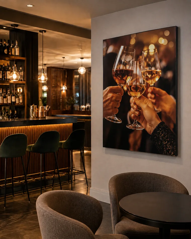 Wall-mounted SEG fabric frame in a hotel lounge and bar area