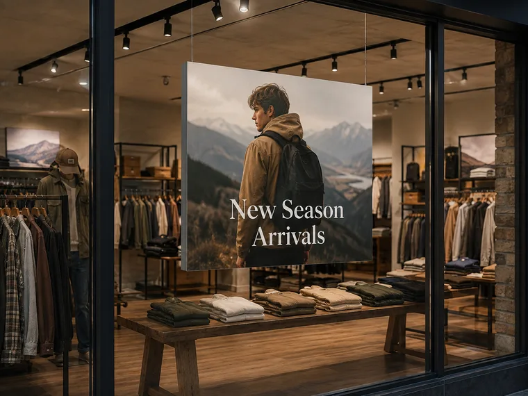 Suspended SEG fabric frame in a retail storefront window