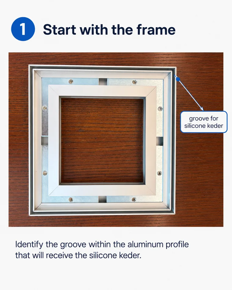 Aluminium SEG frame profile showing the groove that receives the silicone keder